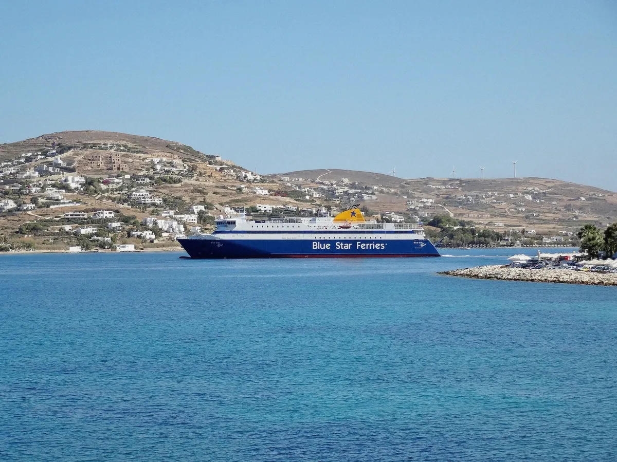 Ferry at the port of Parikia in Paros at the height of the sailing season